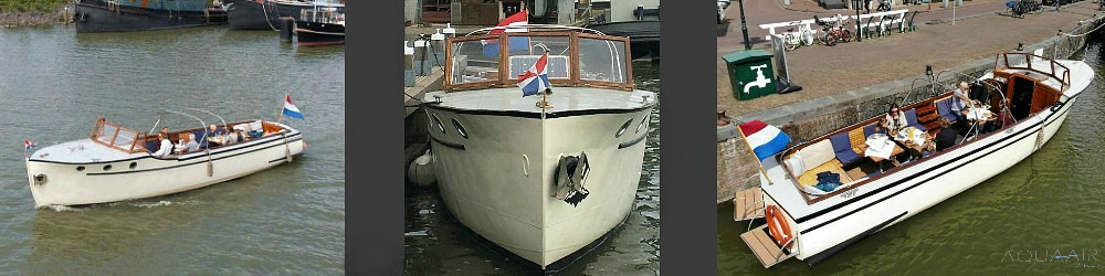 Collage van ons schip dat vertrekt vanuit de haven van Hoorn voor een asverstrooiing op het Markermeer